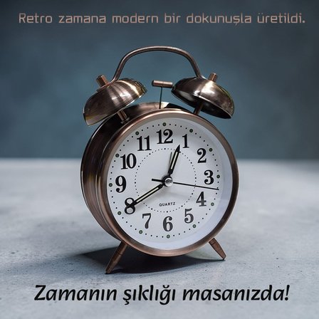 Upway Retro Tarz Bakır Masa Saati – Büyük Boy Çanlı Tokmaklı Işıklı Metal Kasalı