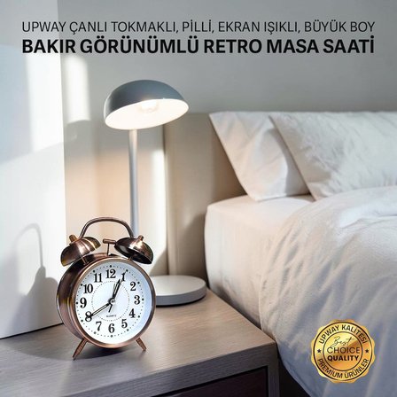 Upway Retro Tarz Bakır Masa Saati – Büyük Boy Çanlı Tokmaklı Işıklı Metal Kasalı