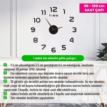 Upway Fosforlu 3D DIY Sessiz Duvar Saati – Dekoratif Yapışkanlı 90/100 cm