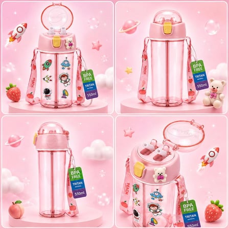 Heydiye Mâbeyn İkili Suluk 550 ml – Tritan BPA-BPS Free Matara, Çift Hazneli, Çift İçim Kapaklı, Bilek ve Boyun Askılı, Sticker & 3D Figür Hediyeli