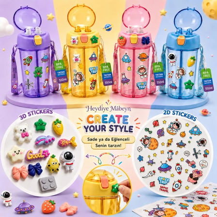 Heydiye Mâbeyn İkili Suluk 550 ml – Tritan BPA-BPS Free Matara, Çift Hazneli, Çift İçim Kapaklı, Bilek ve Boyun Askılı, Sticker & 3D Figür Hediyeli