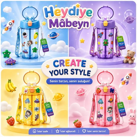 Heydiye Mâbeyn İkili Suluk 550 ml – Tritan BPA-BPS Free Matara, Çift Hazneli, Çift İçim Kapaklı, Bilek ve Boyun Askılı, Sticker & 3D Figür Hediyeli