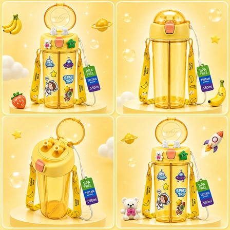 Heydiye Mâbeyn İkili Suluk 550 ml – Tritan BPA-BPS Free Matara, Çift Hazneli, Çift İçim Kapaklı, Bilek ve Boyun Askılı, Sticker & 3D Figür Hediyeli
