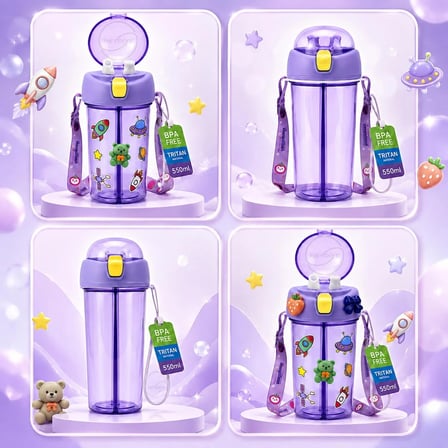 Heydiye Mâbeyn İkili Suluk 550 ml – Tritan BPA-BPS Free Matara, Çift Hazneli, Çift İçim Kapaklı, Bilek ve Boyun Askılı, Sticker & 3D Figür Hediyeli