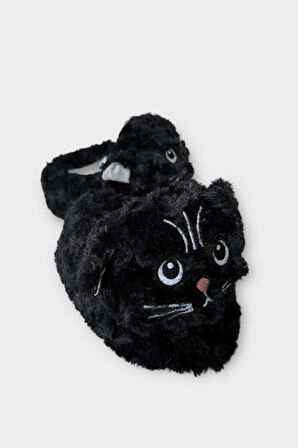 Kadın Sevimli Kedi Figürlü Peluş Panduf SİYAH
