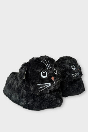Kadın Sevimli Kedi Figürlü Peluş Panduf SİYAH