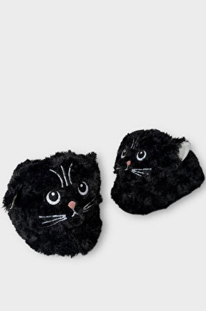 Kadın Sevimli Kedi Figürlü Peluş Panduf SİYAH