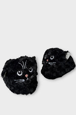 Kadın Sevimli Kedi Figürlü Peluş Panduf SİYAH