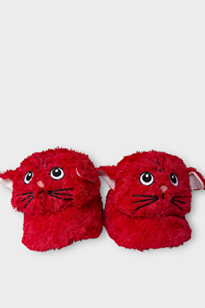 Kadın Sevimli Kedi Figürlü Peluş Panduf KIRMIZI