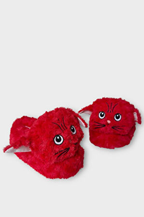 Kadın Sevimli Kedi Figürlü Peluş Panduf KIRMIZI