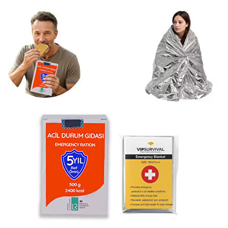 Acil Durum Seti | Termal Battaniye ( Tek Tarafllı) Ve Acil Durum Gıda | Deprem, Afet, İlk Yardım, Survival Kit ve Kamp İçin Uygun Hayatta Kalma Seti