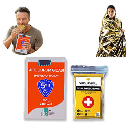 Acil Durum Seti | Termal Battaniye( ÇİFT TARAFLI )  ve Acil Durum Gıda | Deprem, Afet, İlk Yardım, Survival Kit ve Kamp İçin Uygun Hayatta Kalma Seti