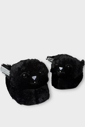 Kadın Sevimli Kedi Figürlü Peluş Panduf SİYAH