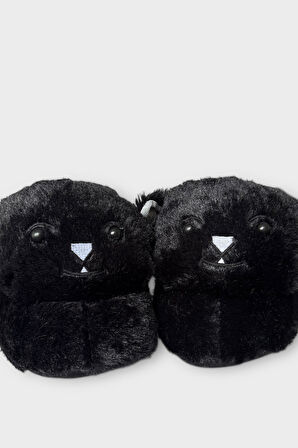 Kadın Sevimli Kedi Figürlü Peluş Panduf SİYAH