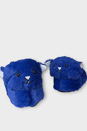 Kadın Sevimli Kedi Figürlü Peluş Panduf MAVİ