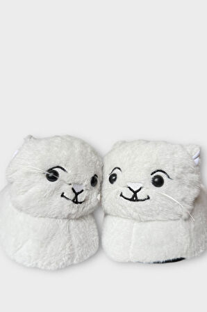 Kadın Sevimli Kedi Figürlü Peluş Panduf BEYAZ