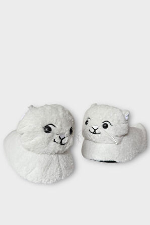 Kadın Sevimli Kedi Figürlü Peluş Panduf BEYAZ