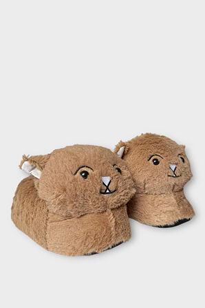 Kadın Sevimli Kedi Figürlü Peluş Panduf VİZON