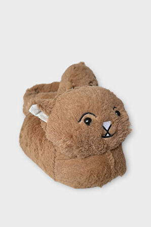 Kadın Sevimli Kedi Figürlü Peluş Panduf VİZON