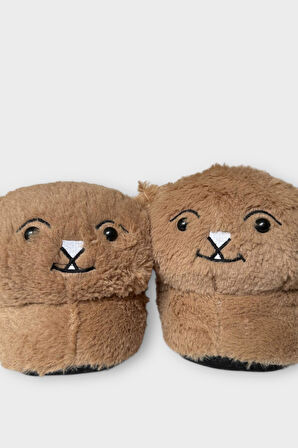 Kadın Sevimli Kedi Figürlü Peluş Panduf VİZON