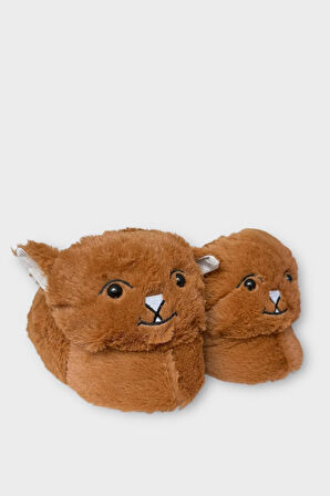 Kadın Sevimli Kedi Figürlü Peluş Panduf TABA