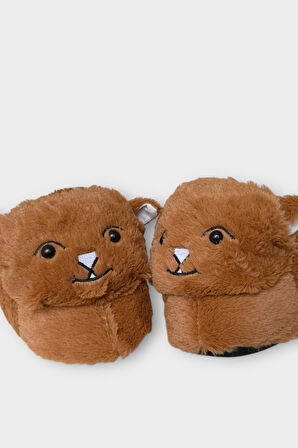 Kadın Sevimli Kedi Figürlü Peluş Panduf TABA