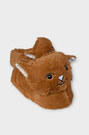 Kadın Sevimli Kedi Figürlü Peluş Panduf TABA