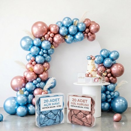 AvcıPartiDünyası 40 Parça Metalik Parlak Balon Seti (20 Açık Mavi + 20 Gül Kurusu) 12 İnç (30 cm) Doğum Günü, Baby Shower, Nişan Dekorasyon Seti