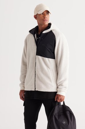 Erkek Bej Oversize Bol Kesim Kapüşonlu Sherpa Polar Sweatshirt Ceket