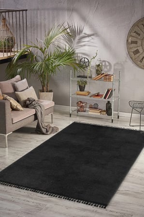 Vl Comfort Puffy Ponpon Saçak Peluş Yıkanabilir Siyah Yolluk