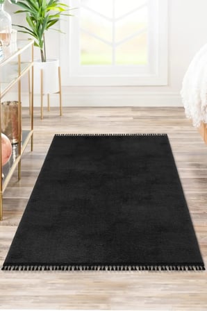 Vl Comfort Puffy Ponpon Saçak Peluş Yıkanabilir Siyah Yolluk