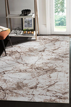 Silvia Vl Makinede Yıkanabilir Dayanıklı Kaymaz Taban Antialerjik Halı Kahve-Bej-Krem