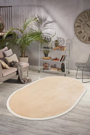 Oval Comfort Puffy Düz Saçaklı Peluş Yolluk Bej