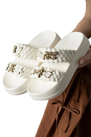 Kadın Taşlı Şık Rahat Konforlu Günlük Terlik BEYAZ