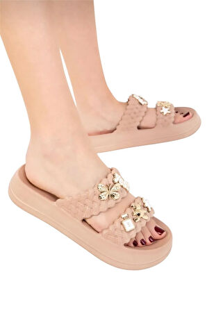 Kadın Taşlı Şık Rahat Konforlu Günlük Terlik VİZON