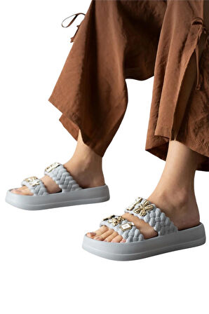 Kadın Taşlı Şık Rahat Konforlu Günlük Terlik GRİ