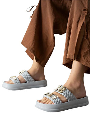 Kadın Taşlı Şık Rahat Konforlu Günlük Terlik GRİ