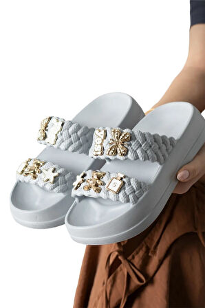 Kadın Taşlı Şık Rahat Konforlu Günlük Terlik GRİ