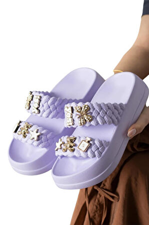 Kadın Taşlı Şık Rahat Konforlu Günlük Terlik Lila