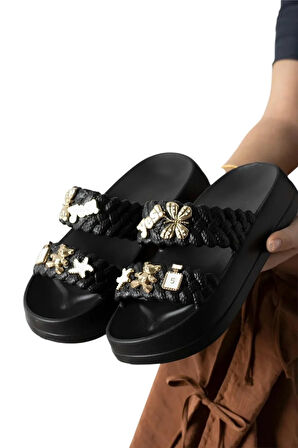 Kadın Taşlı Şık Rahat Konforlu Günlük Terlik SİYAH