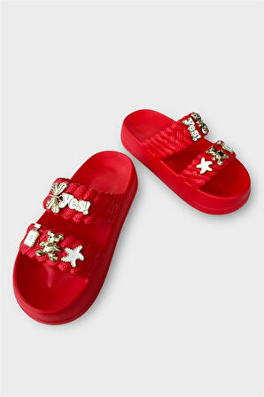 Kadın Taşlı Şık Rahat Konforlu Günlük Terlik KIRMIZI