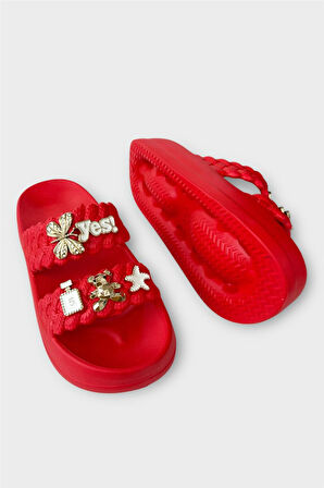 Kadın Taşlı Şık Rahat Konforlu Günlük Terlik KIRMIZI