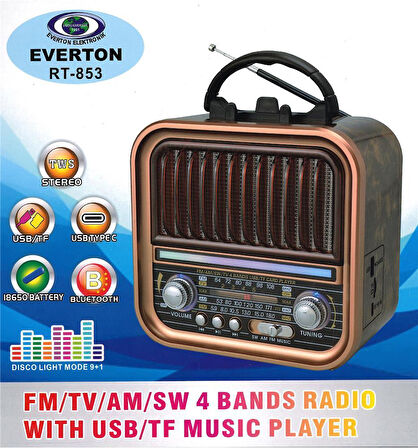 Everton Rt-853  Bluetooth Fm-Usb-Tf-Aux Şarjlı Nostaljik Radyo