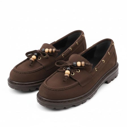 Kadın Yüksek Kaymaz Taban Kahve Süet Boncuklu Bağcıklı Loafer Oxford Ayakkabı