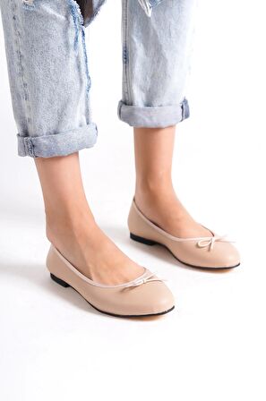 Petinya Kadın Günlük Babet Yuvarlak Burun Balerin Krem Düz Babet