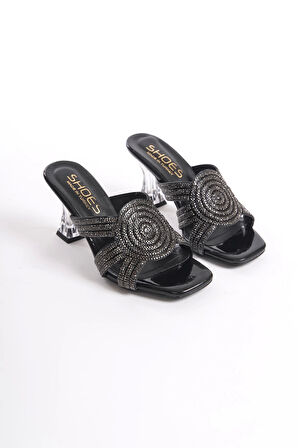 Nena Siyah Topuğu Şeffaf Yuvarlak Desenli Günlük Şık Kadın Terlik