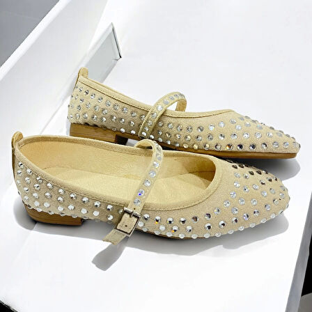 Marry Kadın Baretli Krem Şeffaf Taşlı Babet Ayakkabı