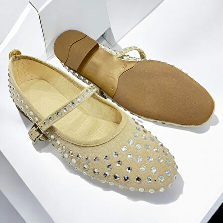 Marry Kadın Baretli Krem Şeffaf Taşlı Babet Ayakkabı