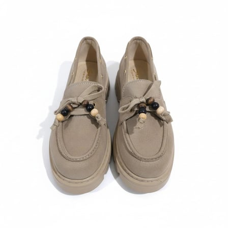 Kadın Yüksek Kaymaz Taban Bej Süet Boncuklu Bağcıklı Loafer Oxford Ayakkabı