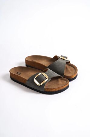 Grazia Kadın Kalın Tek Toka Haki Terlik